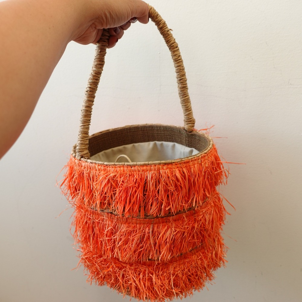 Orange Fringe Straw Bucket Bag Natural Tan Basket Tote Summer Beach Boho KAYU